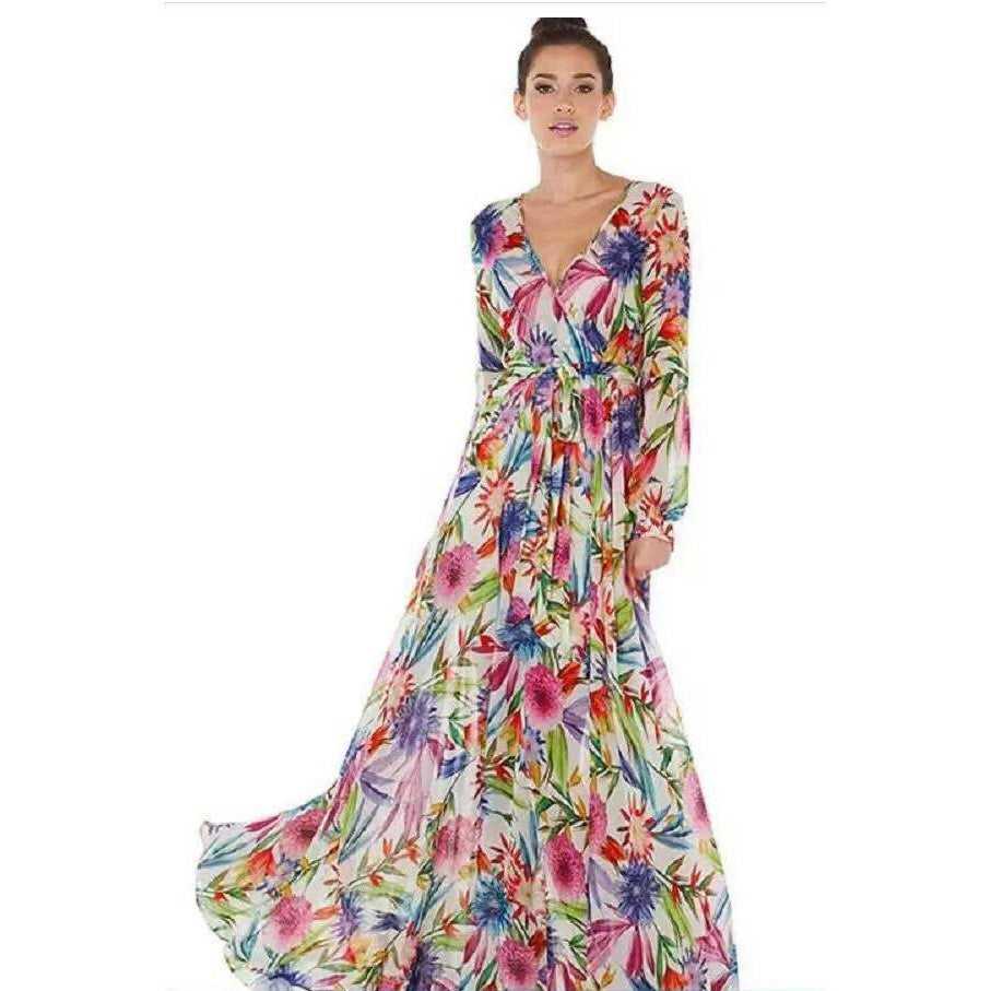 Women's Dress Collar Lantern Sleeve Printed Long Dresses