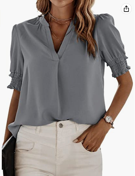 Women's New V-neck Short-sleeved Solid Color Blouses