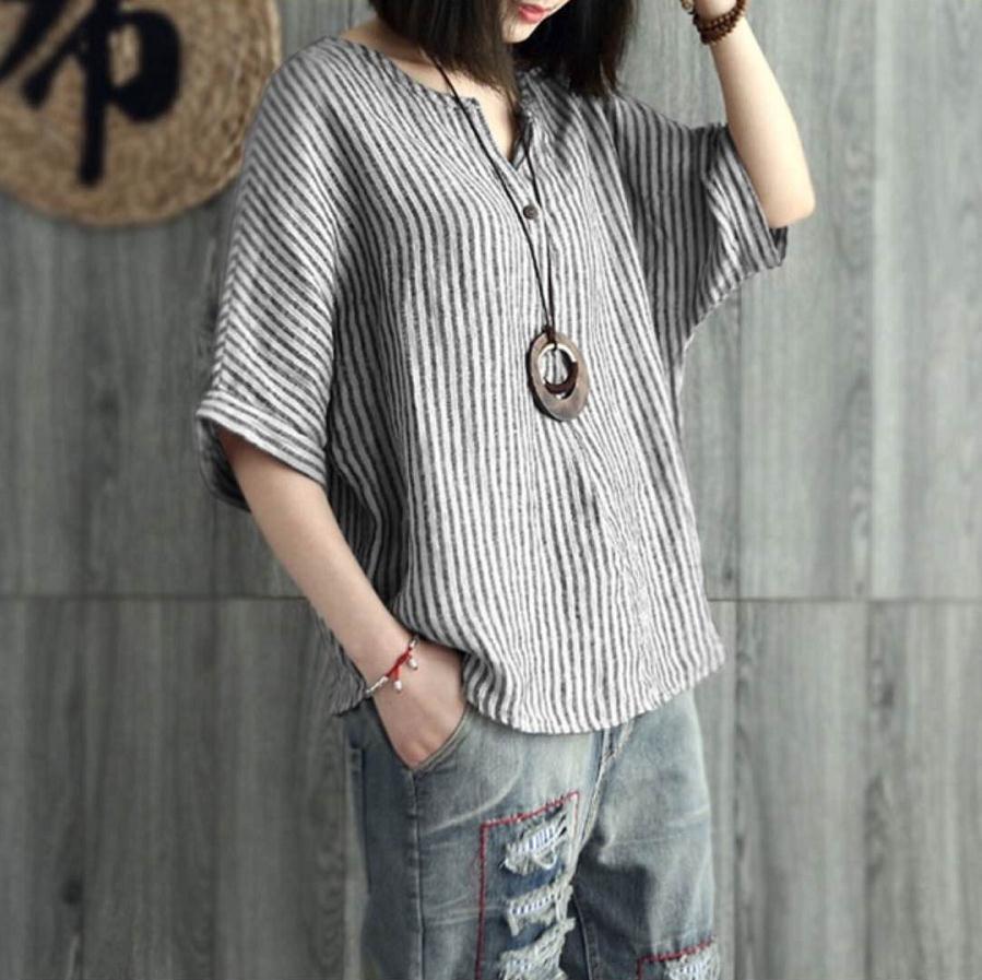 Women's Batwing Sleeve T-shirt Striped Cotton Leisure Blouses