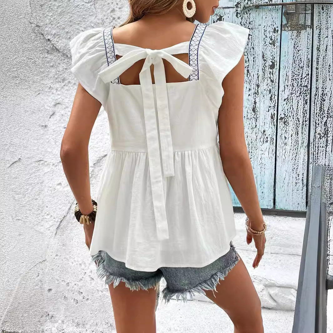 Women's Summer Embroidery Square Collar Flying Sleeves Blouses