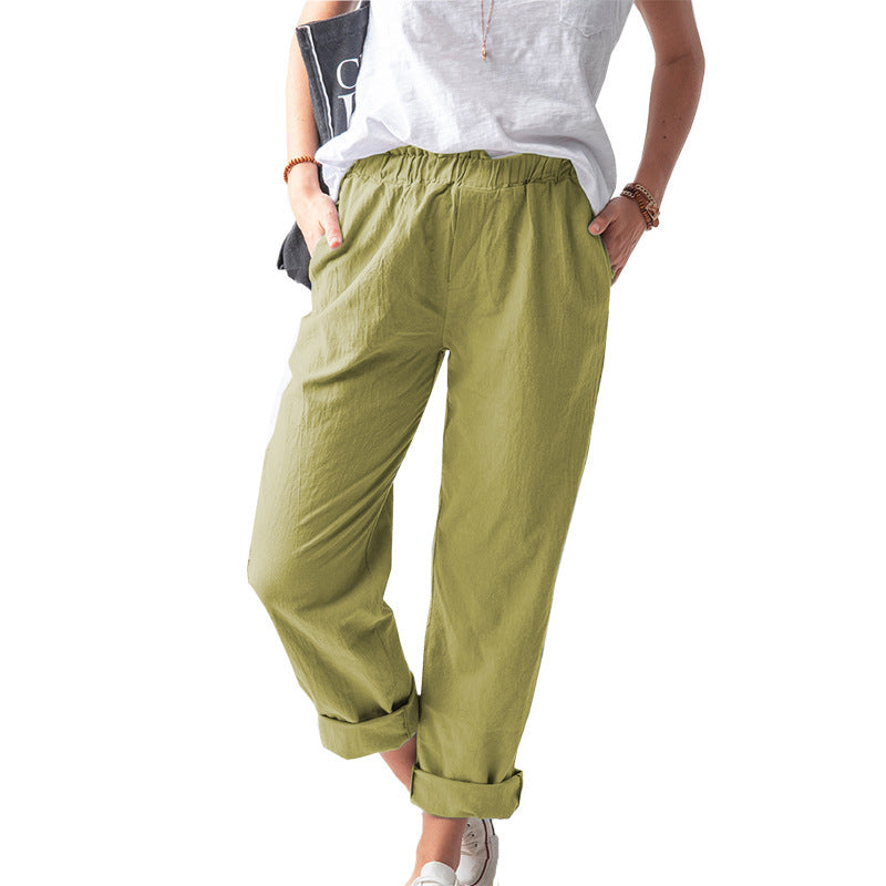 Women's Linen Trousers Solid Color Elastic High Pants