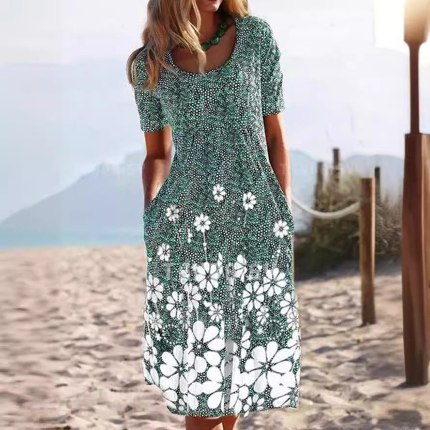 Women's Casual Round Neck Vintage Floral Sleeve Dresses