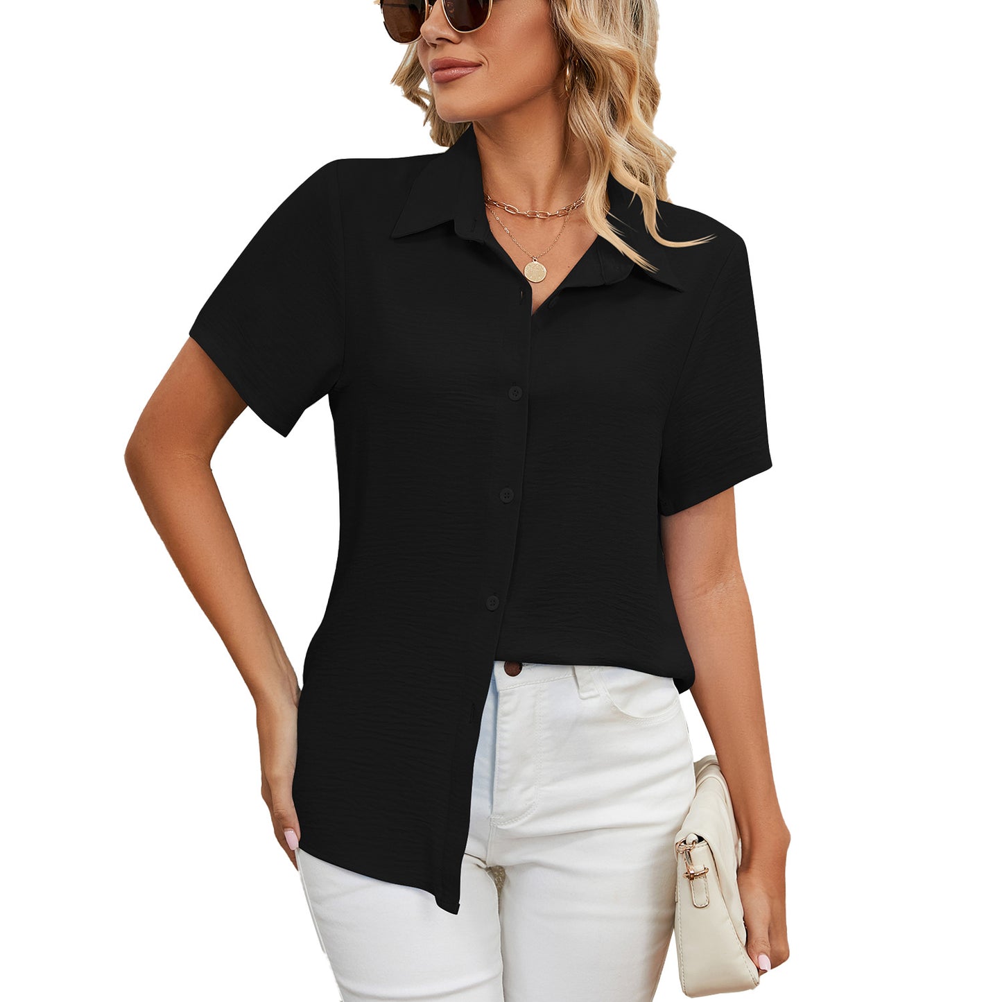 Women's Loose Sleeves Button V-neck Solid Color Blouses