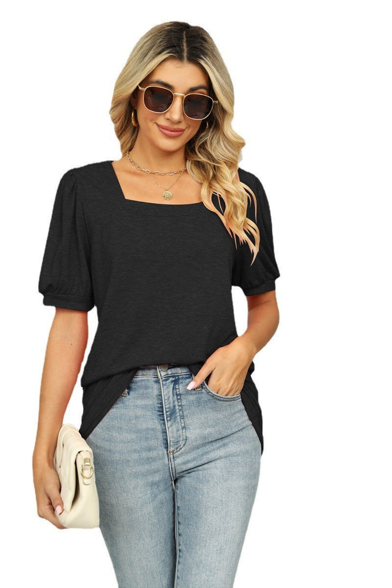 Women's T-shirt Solid Color Square Collar Pleated Blouses