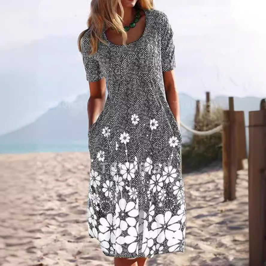 Women's Casual Round Neck Vintage Floral Sleeve Dresses