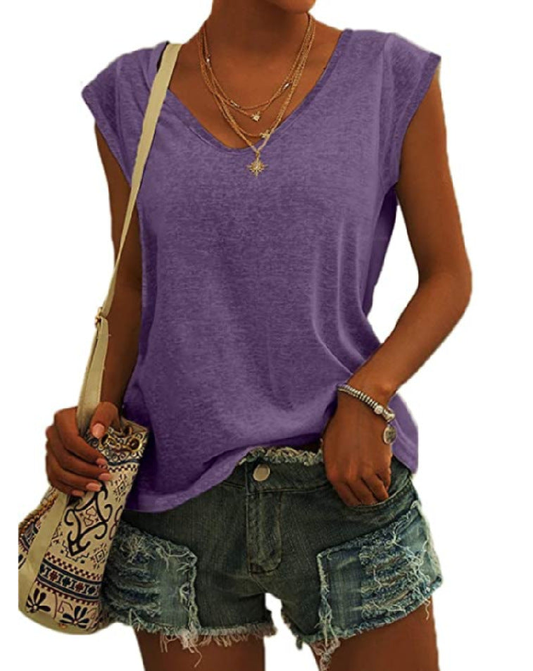 Women's Simple Solid Color V-neck Sleeve Loose Blouses