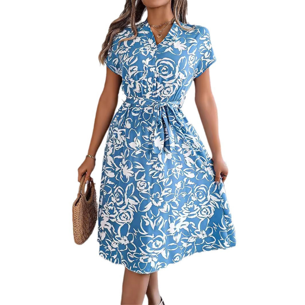 Lässiges Swing-Kleid für Damen mit Knopfleiste, Fledermausärmeln und Blumenmuster