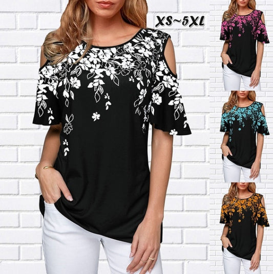 Round Neck Printed Off-the-shoulder Sleeve Color Shorts