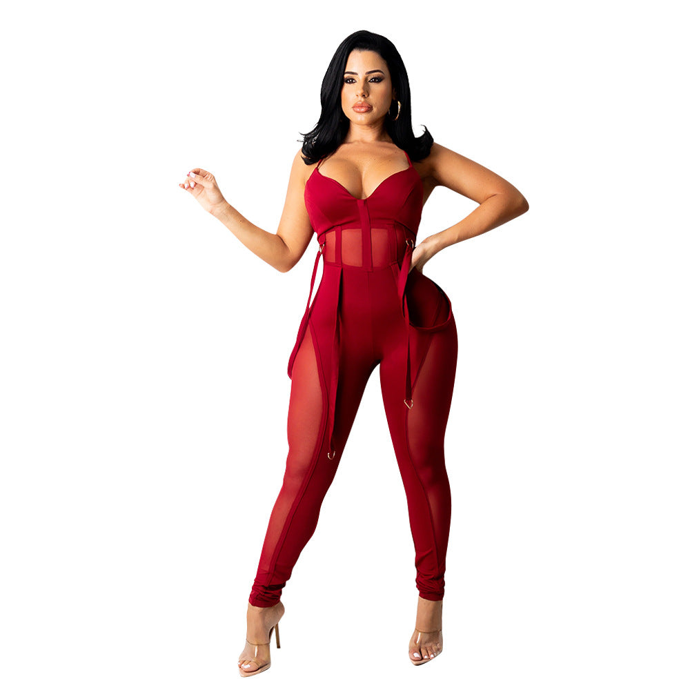 Damen Herbst Mesh Sexy Hosenträgerhose Jumpsuits