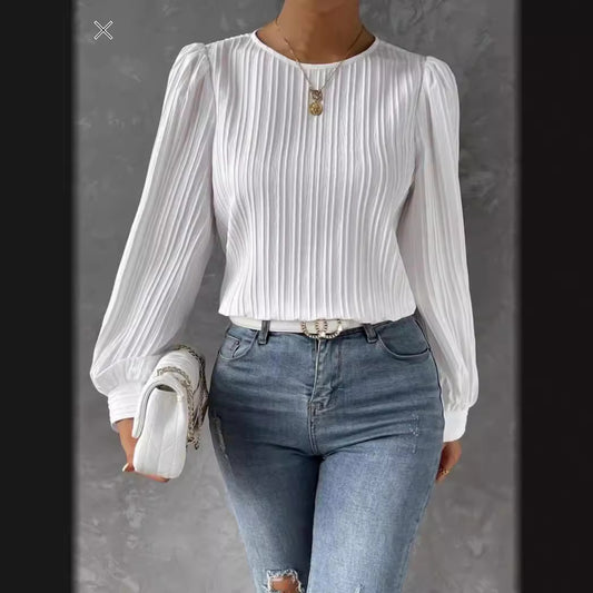 Round Neck Lantern Sleeve Long Solid Blouses