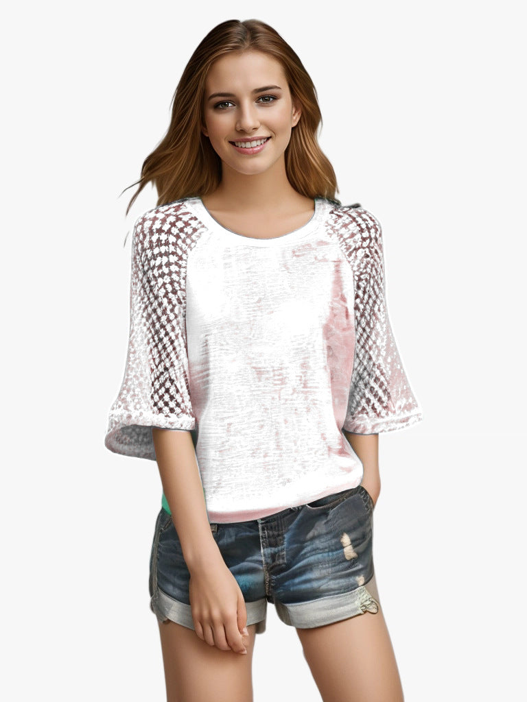 Damen T-Shirt Blusen mit Rundhalsausschnitt und Patchwork-Spitze