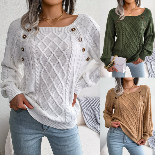 Women's Casual Square Collar Twist Knitted Pullover Sweaters