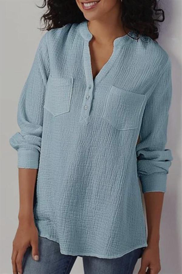 Women's Long Sleeve V-neck Pocket Cotton Linen Blouses