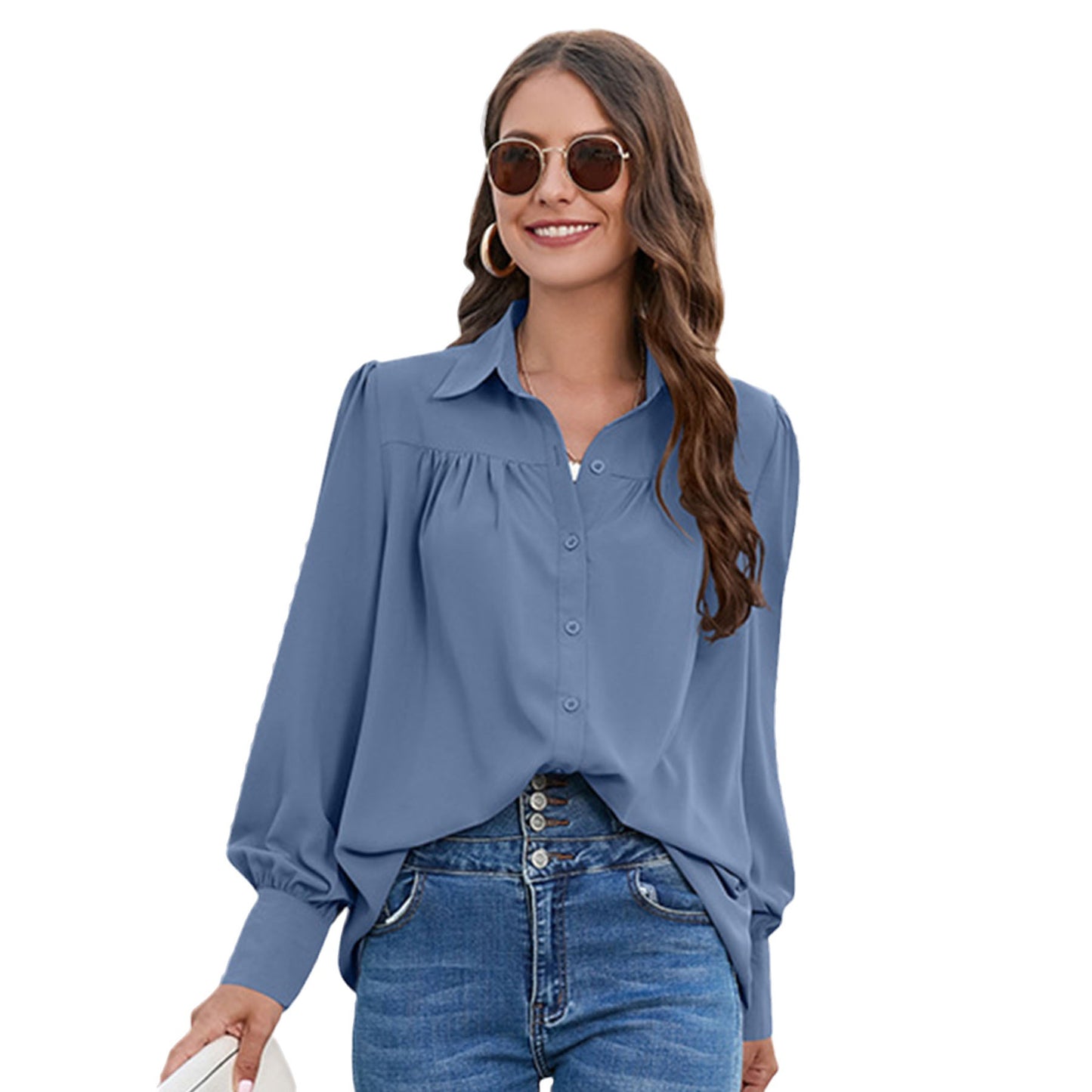 Women's Versatile Chiffon Shirt Pleated Long-sleeved Tops