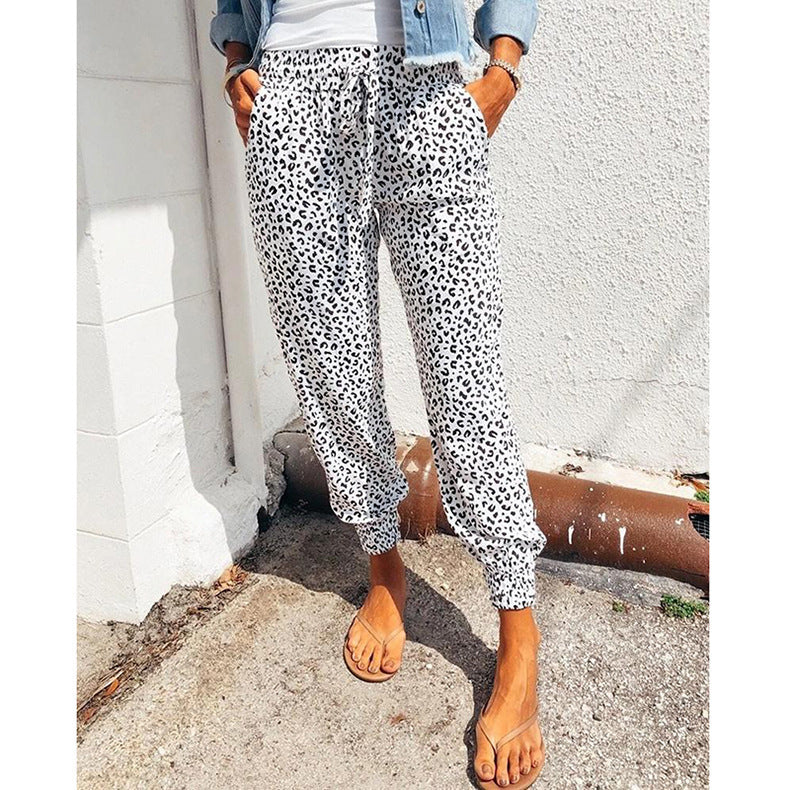 Women's Summer Trousers Loose Leopard Print Printed Drawstring Pants