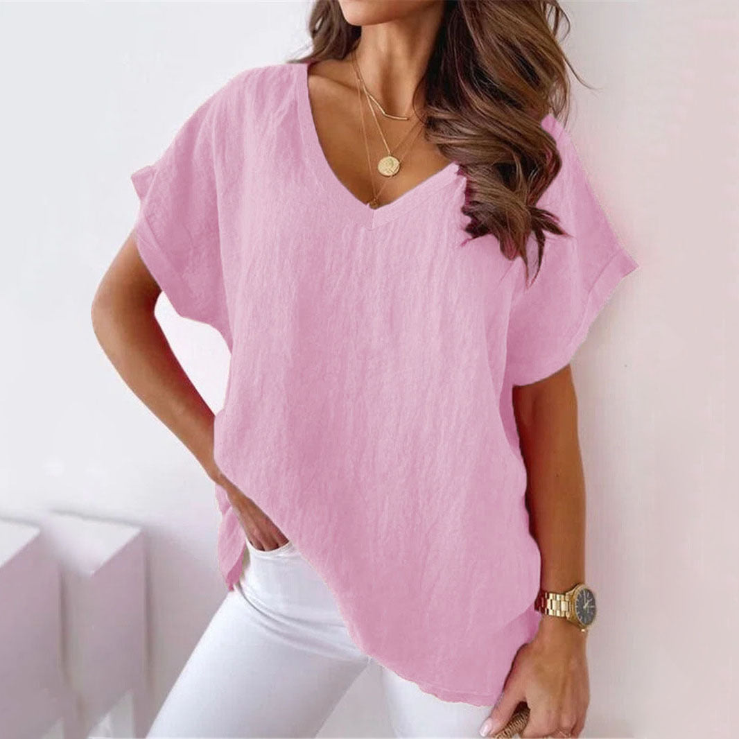 Women's Sleeve V-neck Solid Color Cotton Linen Blouses