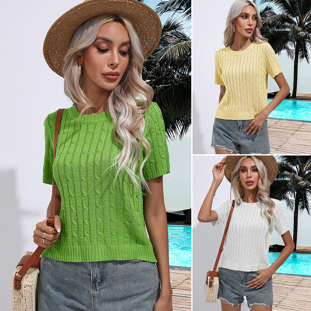 Women's Twist Short-sleeved Pullover Round Neck Solid Knitwear