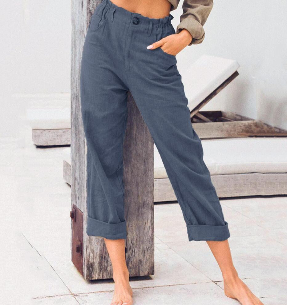 Women's Solid Color Cotton Linen Fashion Loose High Waist Casual Pants