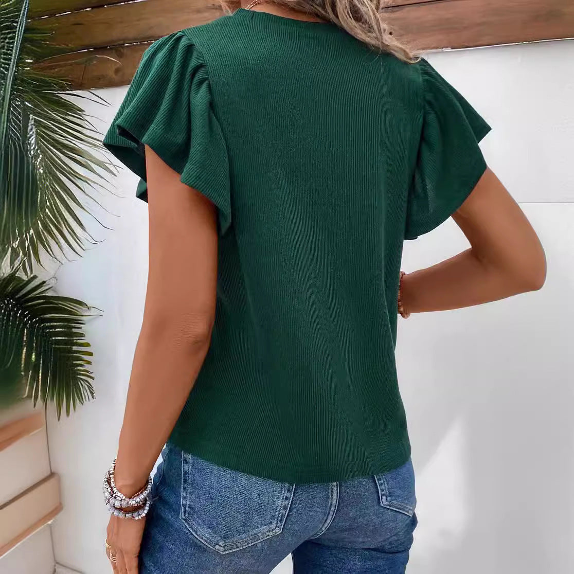 Women's Summer Solid Color Round Neck Ruffle Blouses