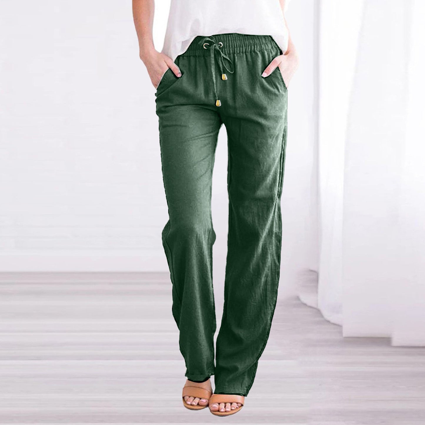 Pantalon ample à cordon de serrage en coton et lin de couleur unie pour femme