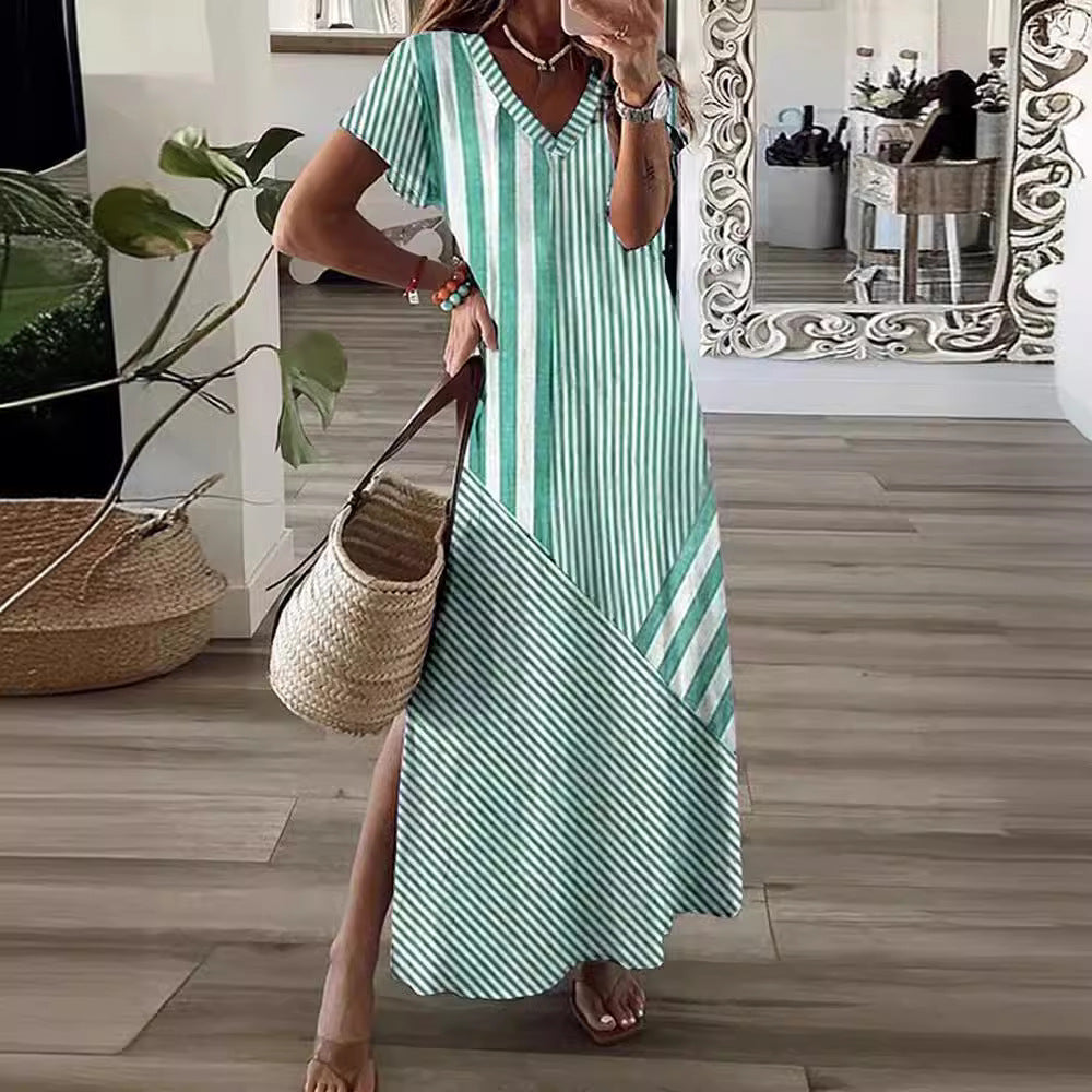 Women's Striped Positioning Printed Split Dress Dresses