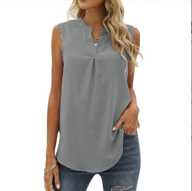 Women's Solid Color Shirt Loose Sleeveless Lace Blouses