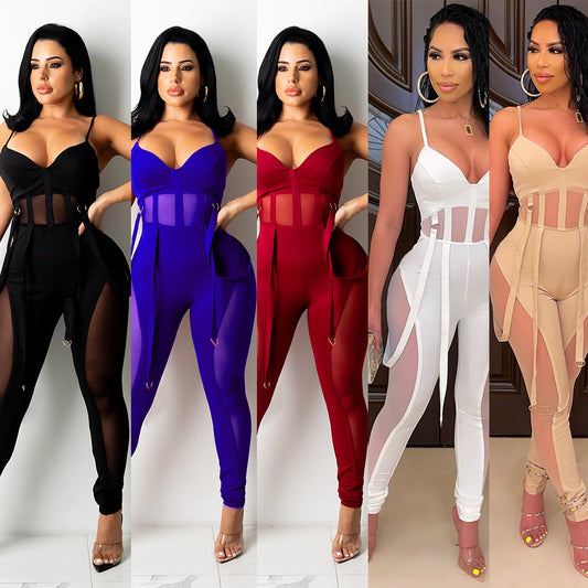 Women's Autumn Mesh Sexy Suspender Trousers Jumpsuits