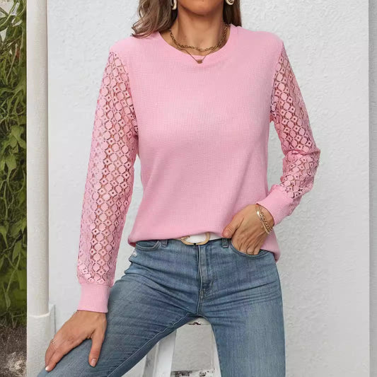 T-shirt gaufré à manches longues et col rond pour femme