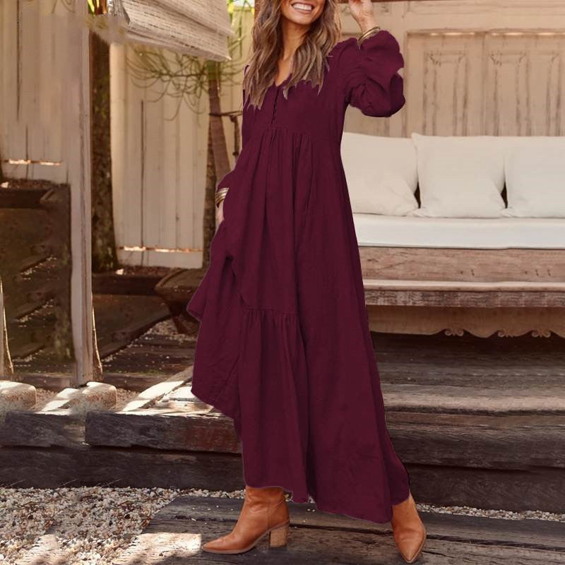 Women's Button Cotton Linen Retro Casual Long-sleeved Dresses