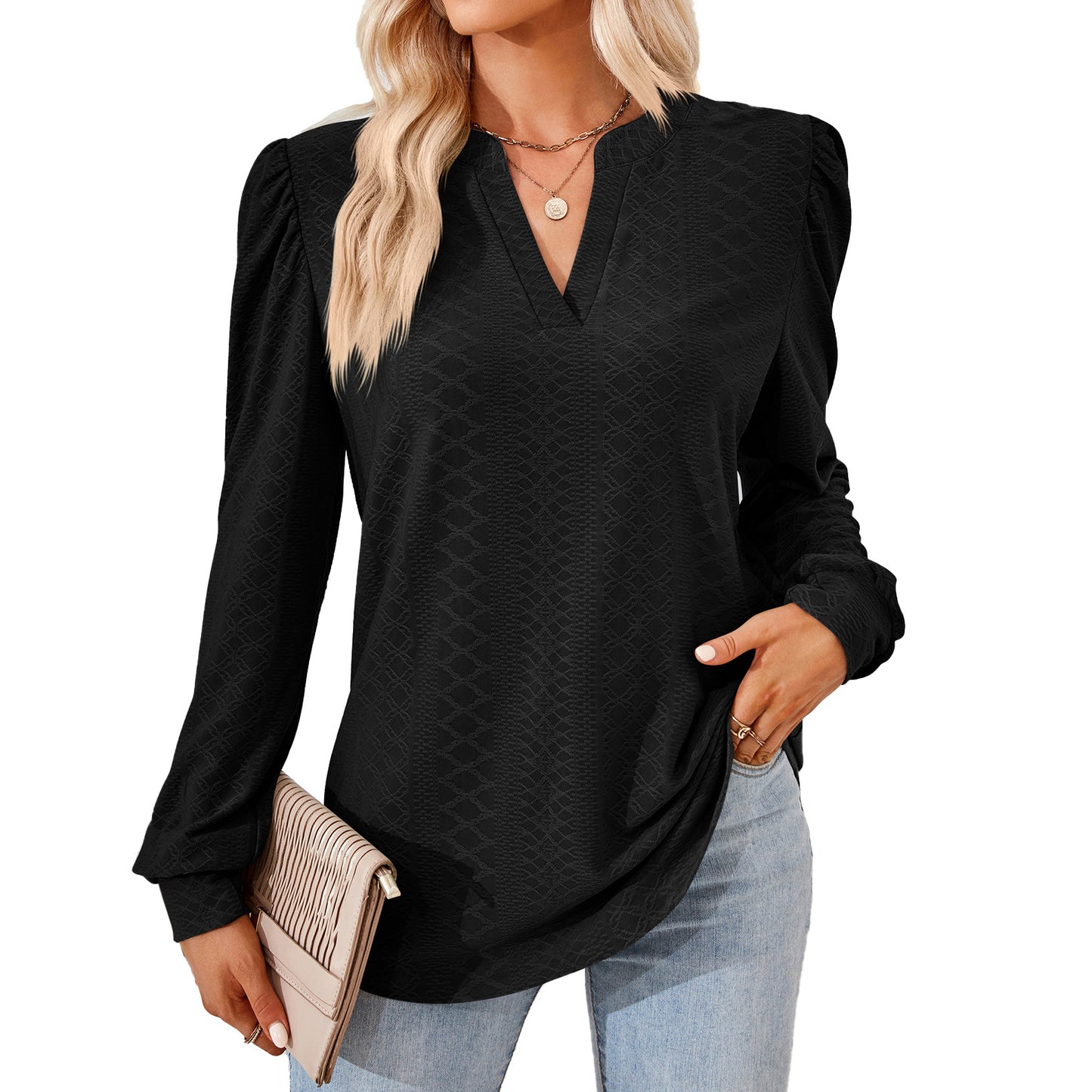 Women's Solid Color And Jacquard Long Sleeve Blouses