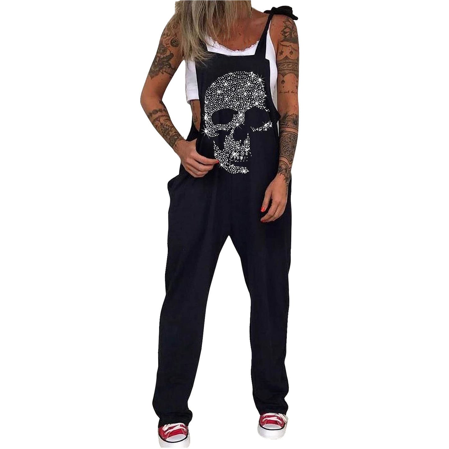 Unique Printed Skull Chrysanthemum Overalls Trousers Pants