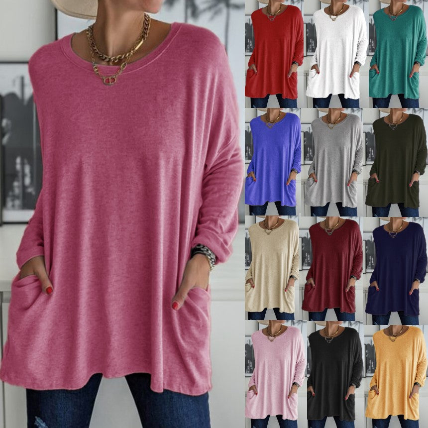 Women's Neck Long Sleeve Loose Pockets Solid Blouses