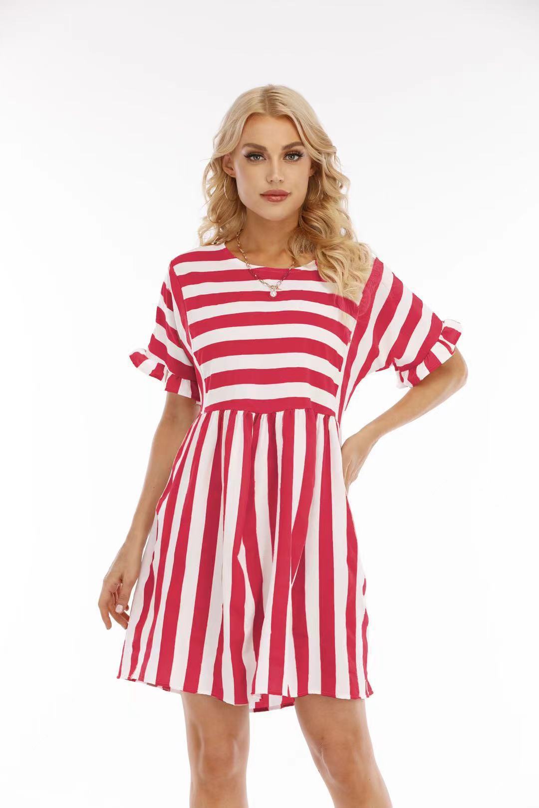 Women's Summer Striped Round Neck Loose Stitching Dresses