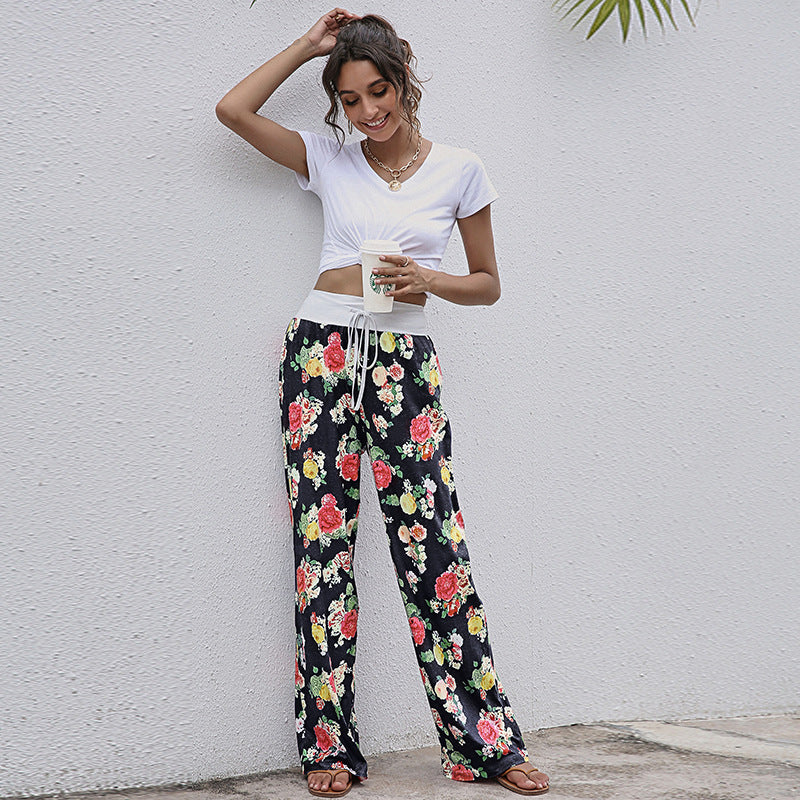 Women's Lace-up Casual Trousers Fashion Loose Printed Pants