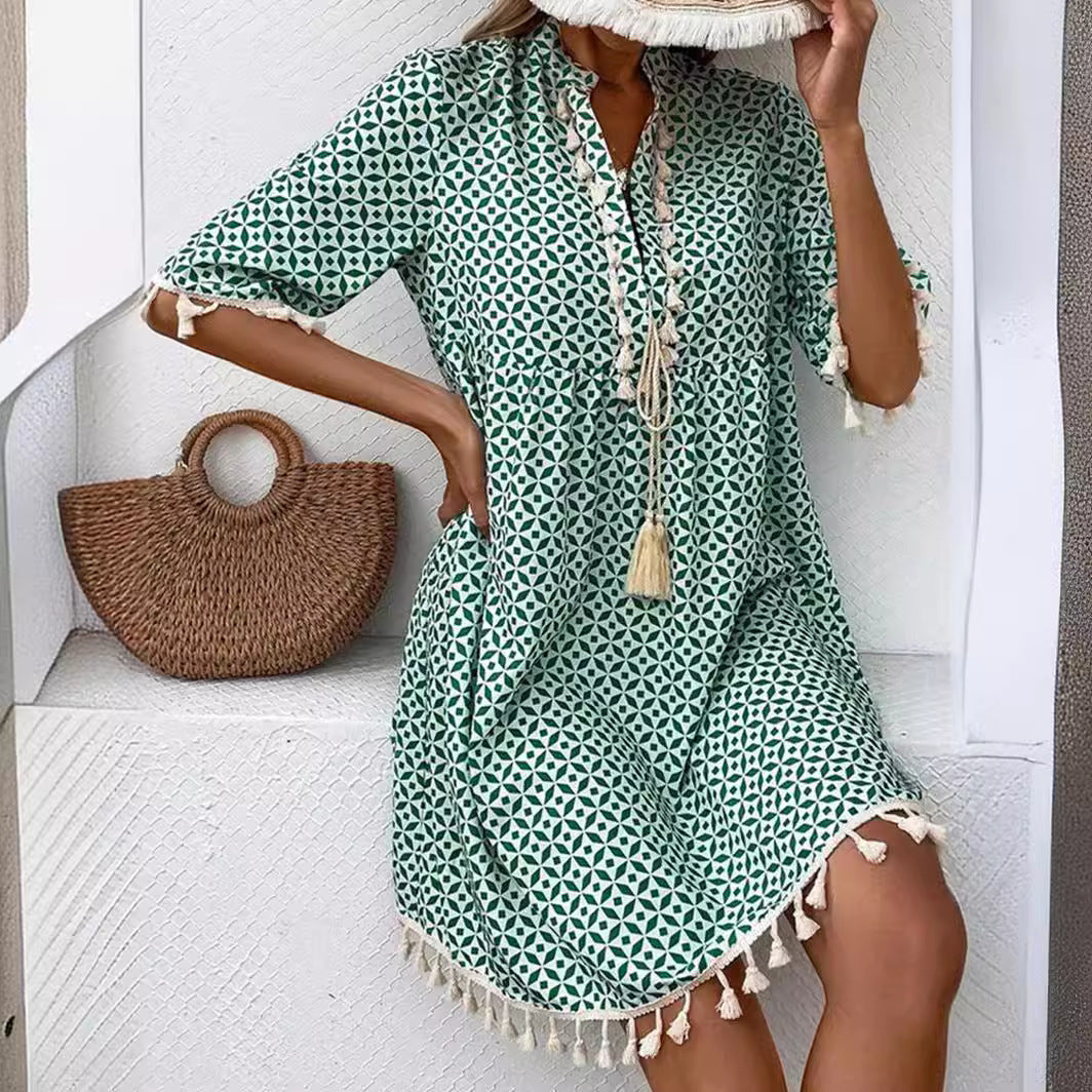 Women's Summer Tassel Bohemian Half-length Sleeve Dress Dresses