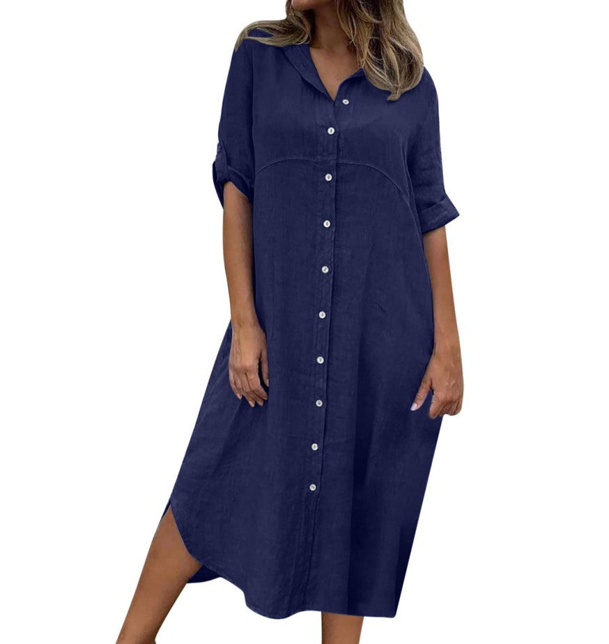 Solid Color Cotton Linen Shirt Dress Blouses