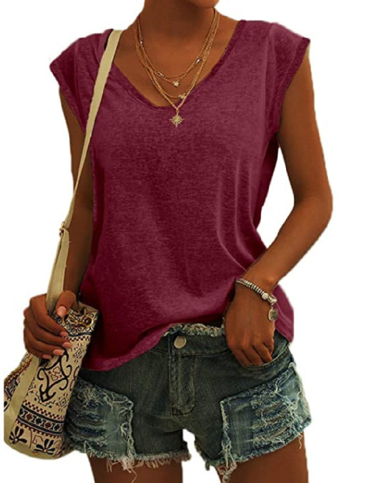 Women's Simple Solid Color V-neck Sleeve Loose Blouses