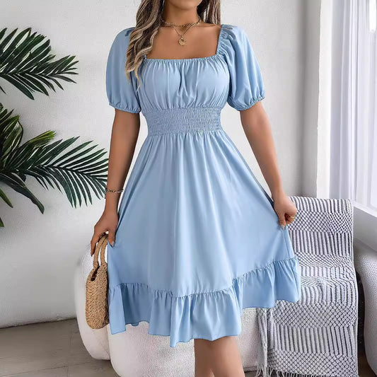 Women's Casual Square Collar Sleeve Waist Trimming Ruffles Dresses