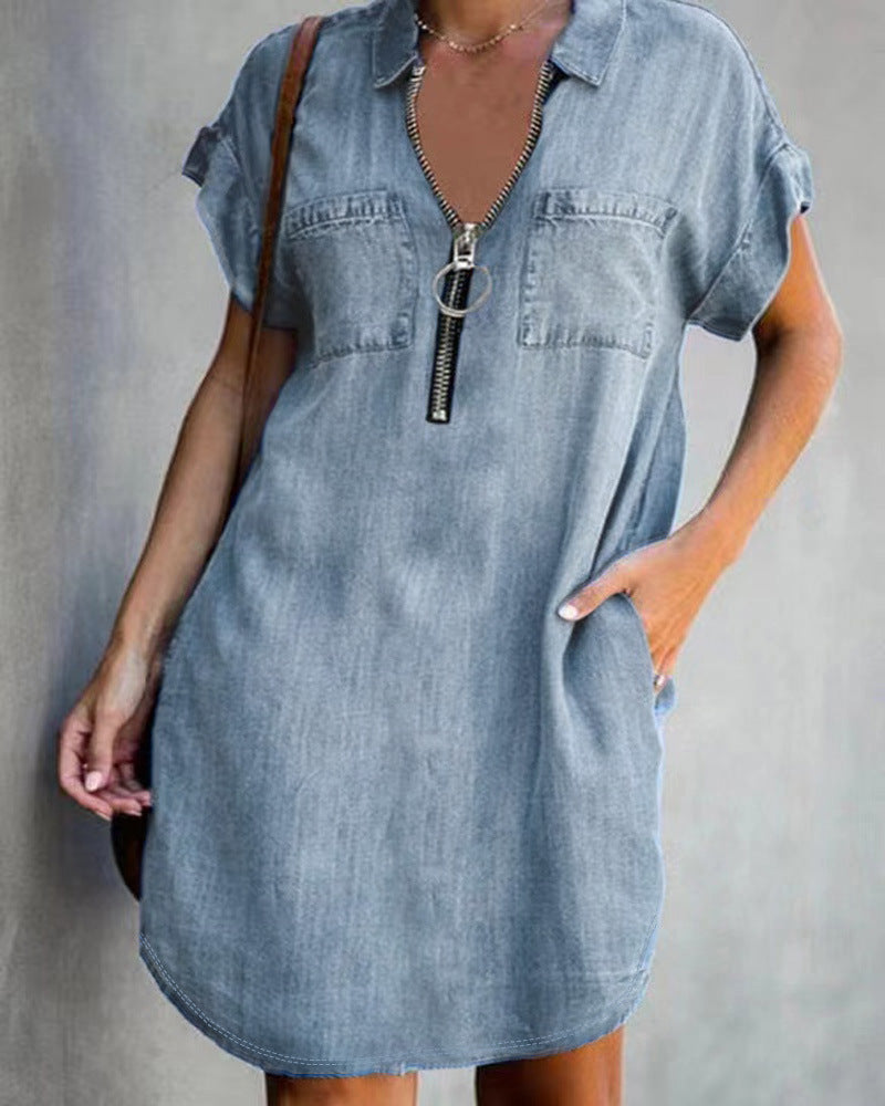 Lapel Sleeve Loose Dress Denim Shirt Dresses