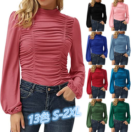 Women's Color Long Lantern Sleeve Turtleneck Pleated Slim Blouses