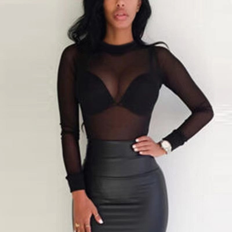 Women's Sexy Ultra Slim Mesh Stretch Tight Long Sleeve Half Blouses