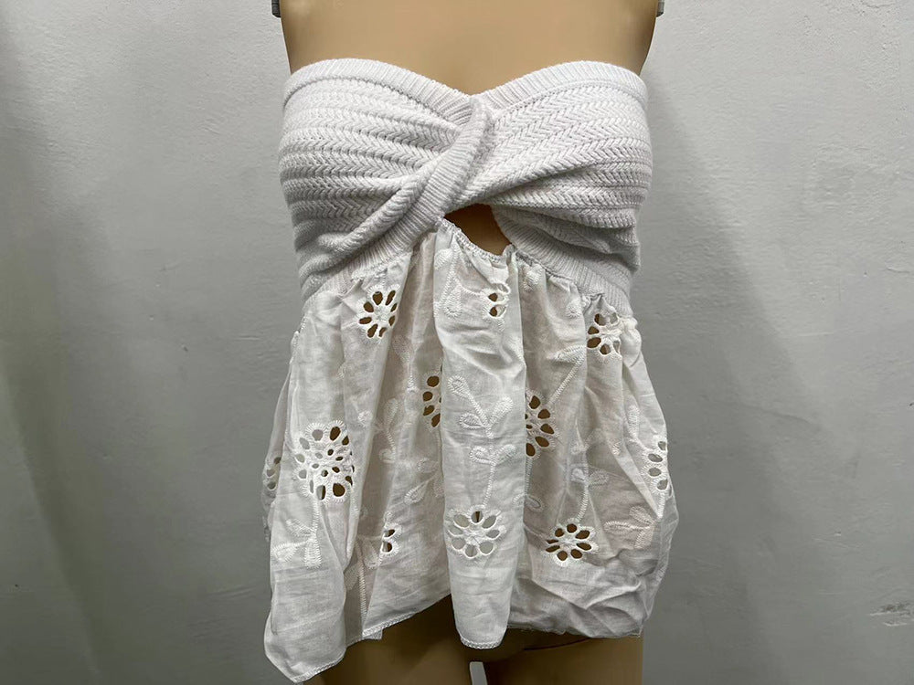 Women's Bow Tie Hollow Embroidery Stitching Strapless Tube Sweaters