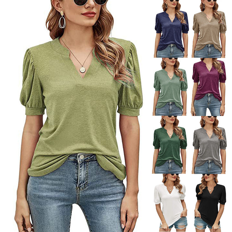 Women's Casual V-neck Solid Color Puff Sleeve Loose Tops