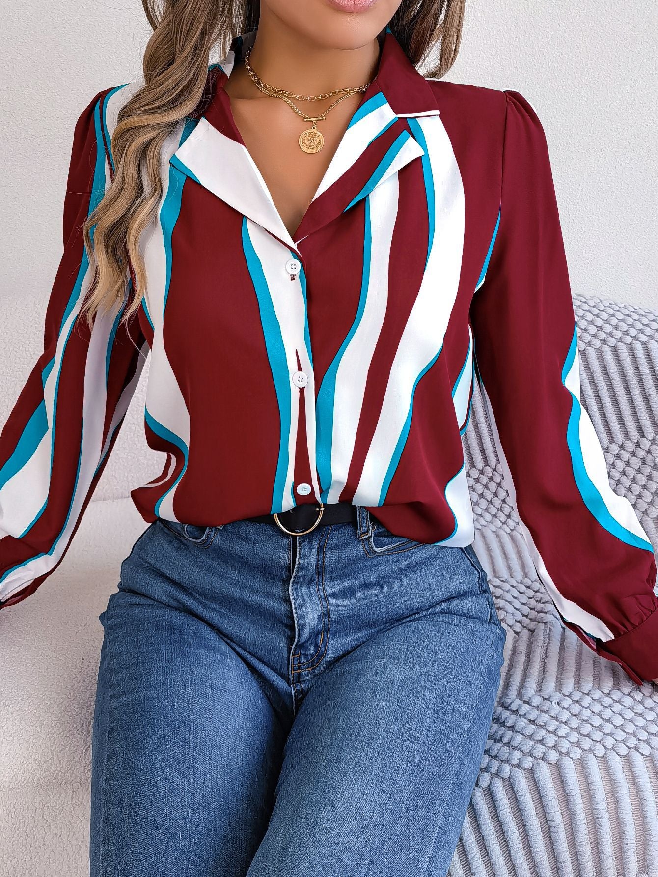 Women's Versatile Contrast Color Striped Collar Long Blouses