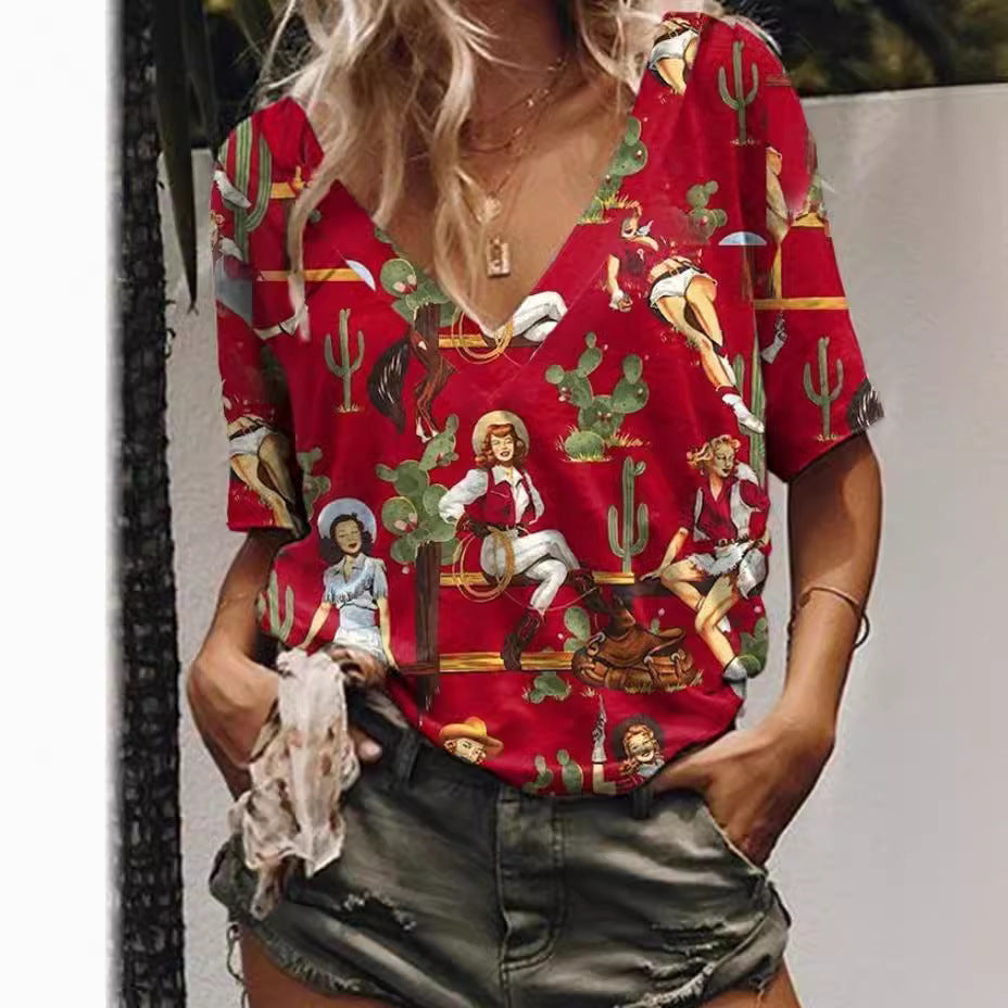 Damen T-Shirt Blusen mit Digitaldruck im Western-Stil und Jeansärmeln