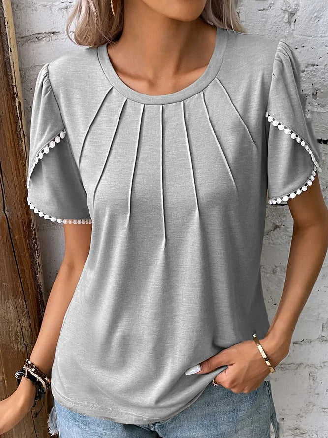 Women's Summer Round Neck Solid Color Pleated Blouses