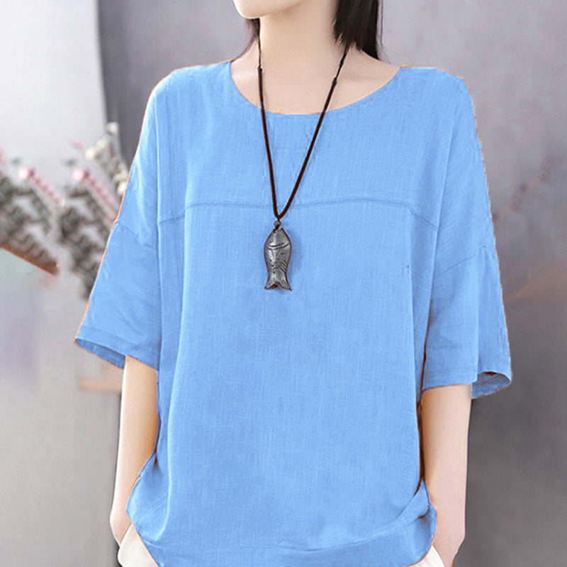 Women's Color Casual Short-sleeved Cotton And Linen Loose Bottoming Blouses