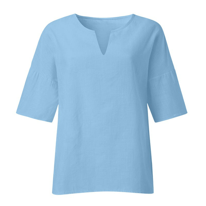 Women's Color Three-quarter Length Sleeve Cotton Linen Blouses