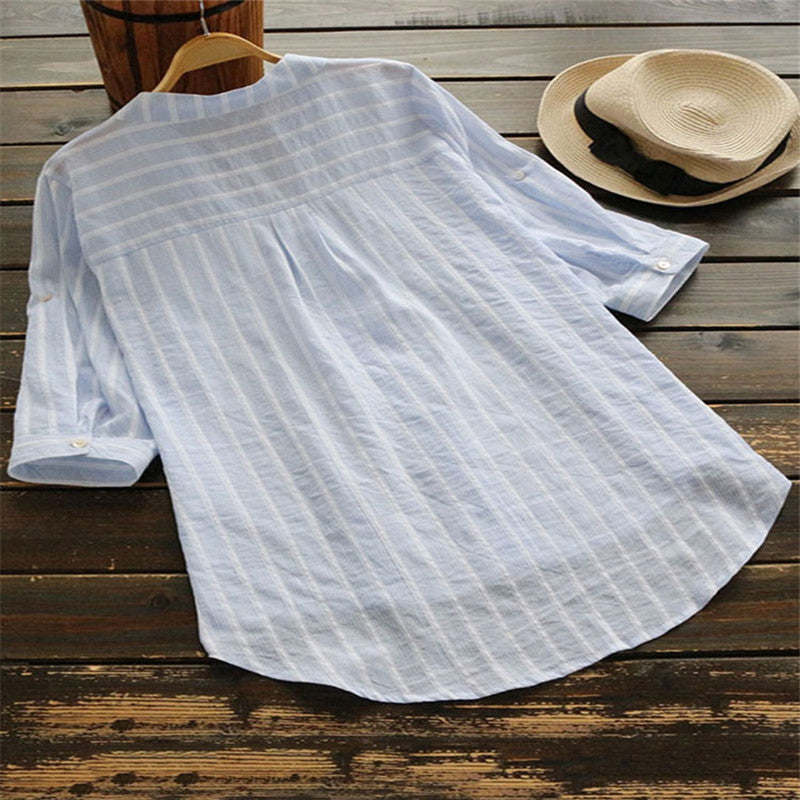 Women's Spring Casual Mid-length Shirt Striped Three-quarter Blouses