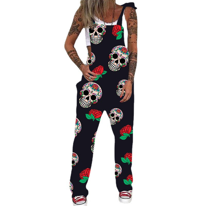 Women's Suspender Trousers Lace-up Skull Print Jumpsuits